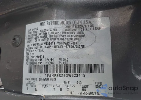 2003 Ford Focus Zts z USA, uszkodzony, nr VIN 1FAHP38Z63W323415